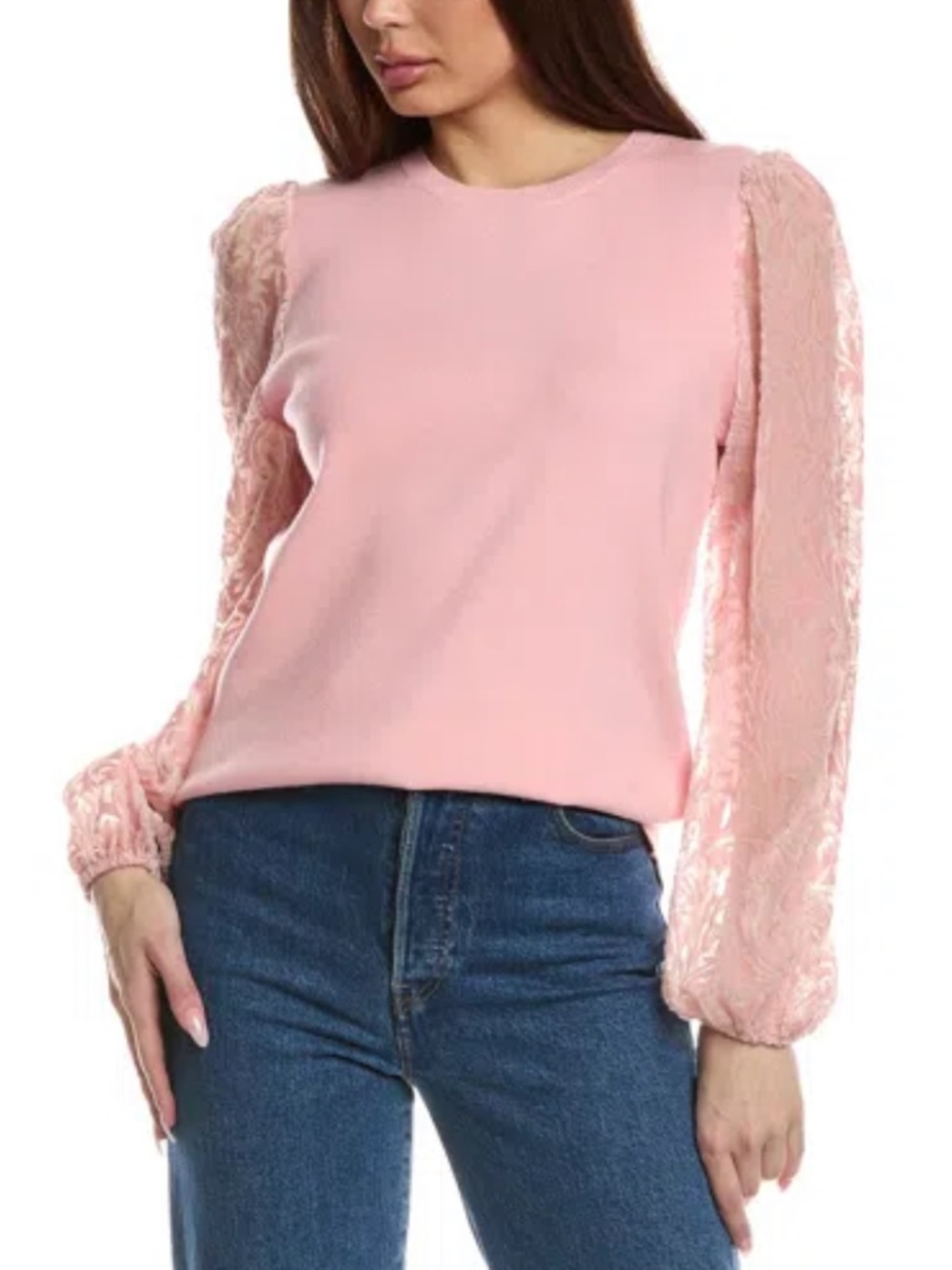 FATE Soft Pink Contrast Burnout Velvet Puff Sleeve Sweater Size Large